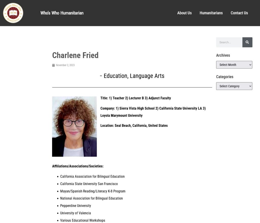 Charlene Fried Humanitarian Screenshot