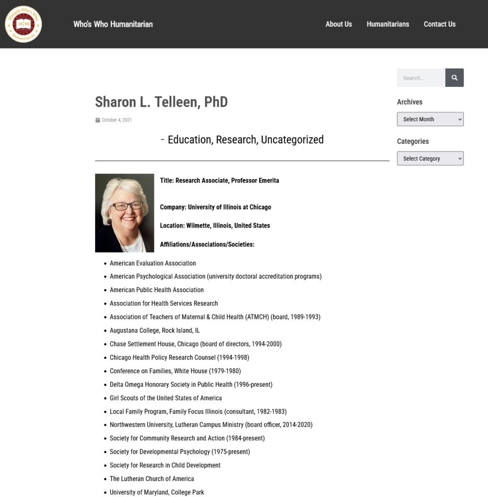 Sharon Telleen Humanitarian Screenshot