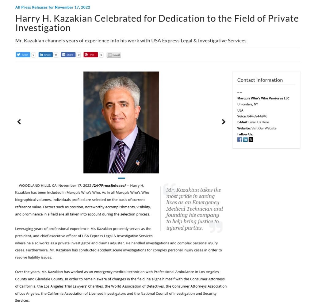 Harry Kazakian Legacy Press Release