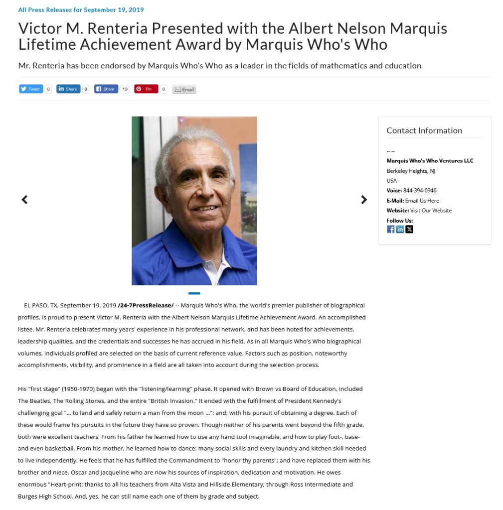 Victor Renteria Lifetime Achievement PR