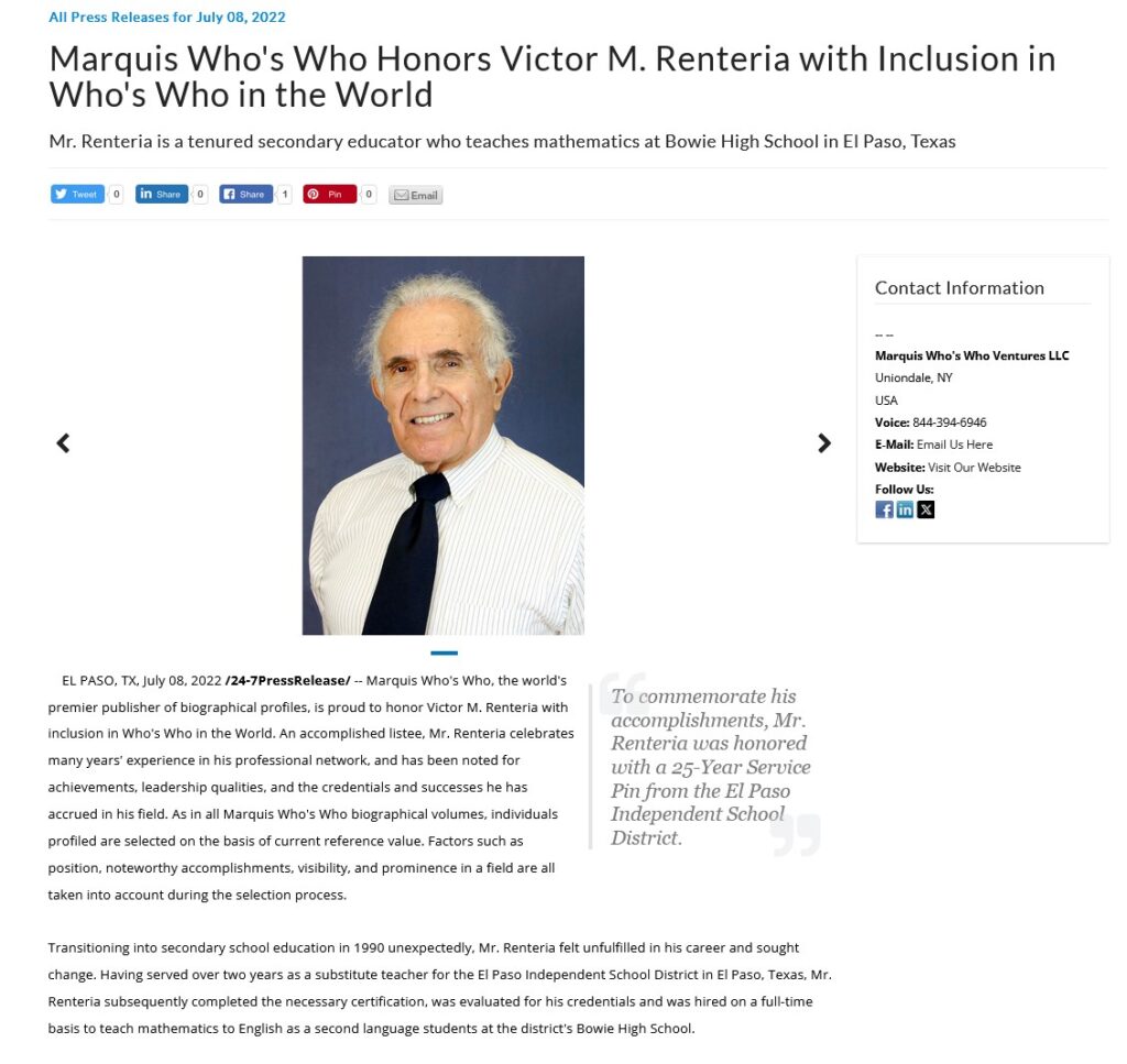 Victor Renteria Who's Who in the World PR