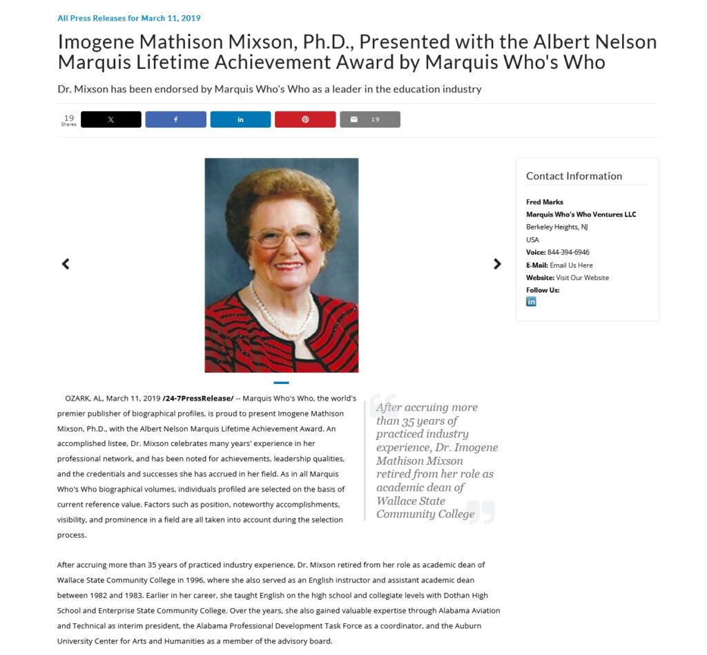 Imogene Mixson Lifetime Achievement Press Release