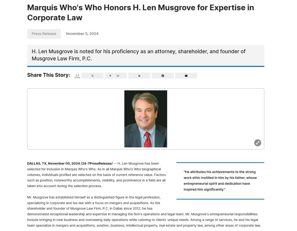 H. Len Musgrove Legacy Press Release