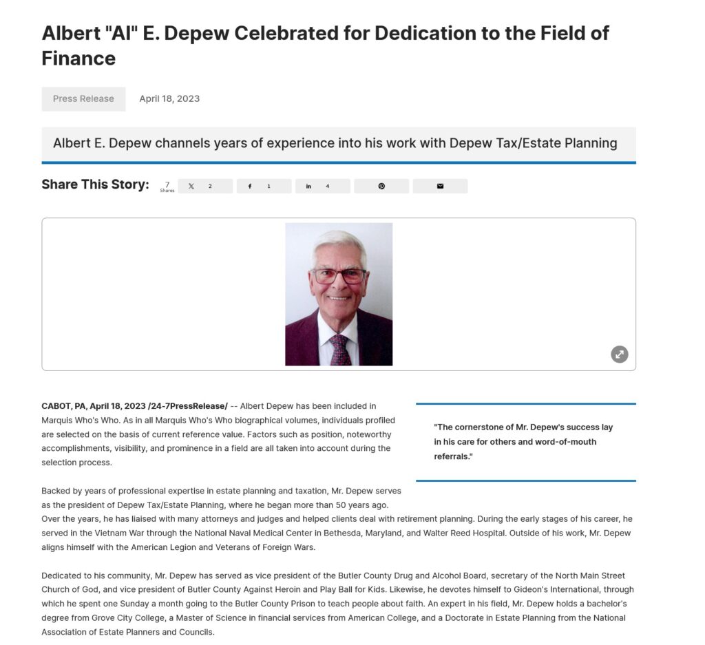 Albert Depew Legacy Press Release