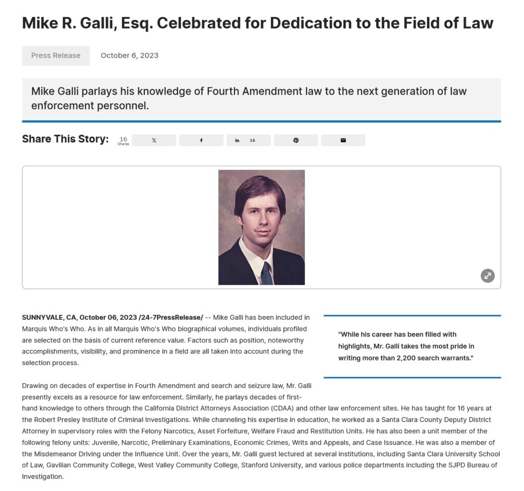 Mike Galli Legacy Press Release